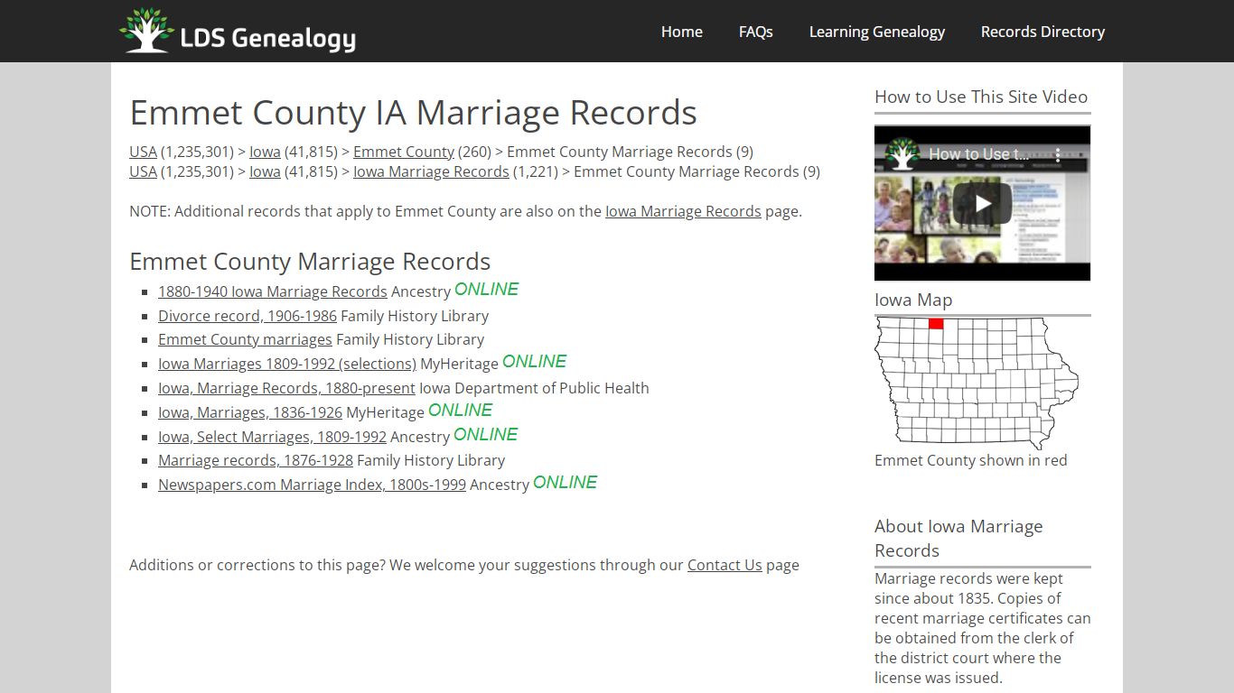 Emmet County IA Marriage Records - LDS Genealogy